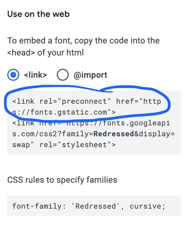 Screenshot of Google Font's embed link generator